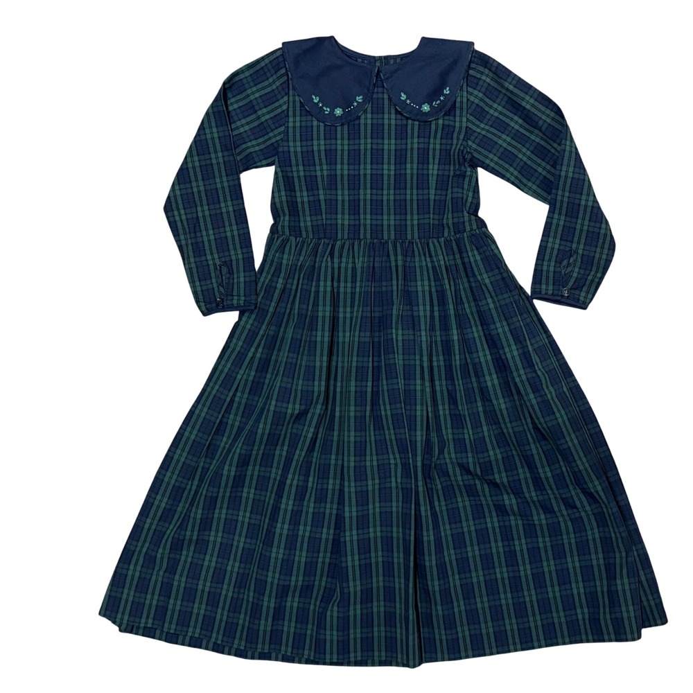 Strasburg Girls Green Navy Plaid Embroidered Peter Pan Collar Dress 10